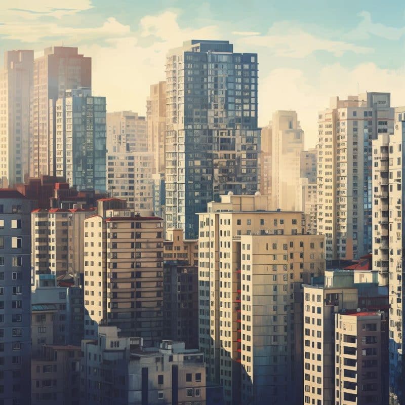 Une vue d’une ville avec de nombreux immeubles de grande hauteur.