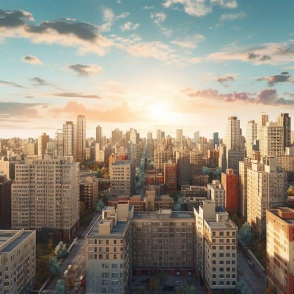 Une vue aérienne d'une ville au coucher du soleil.