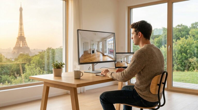 Un homme consulte des annonces immobilières parisiennes sur ordinateur face à une vue sur la Tour Eiffel.