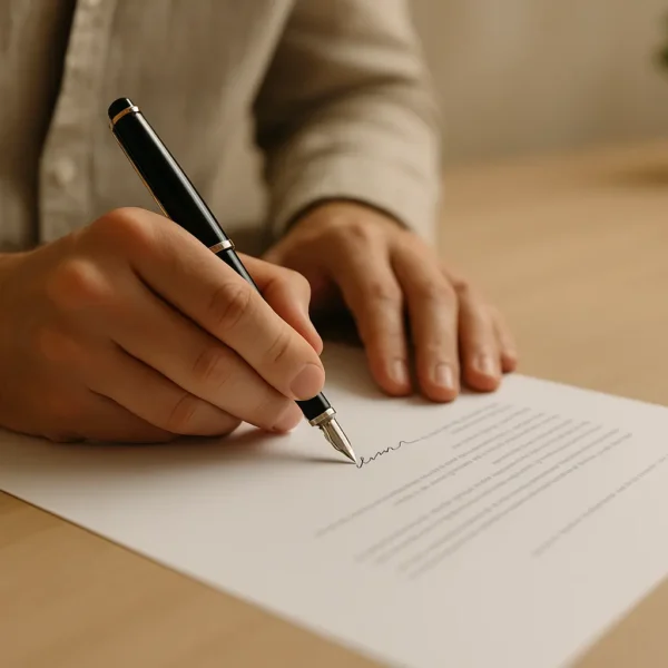 Une personne en chemise beige signe un document avec un stylo plume noir à un bureau en bois.