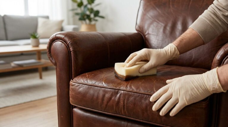 Mains gantées nettoyant un fauteuil en cuir marron usé avec une éponge. Préparation pour rénover un canapé en cuir dans un salon.