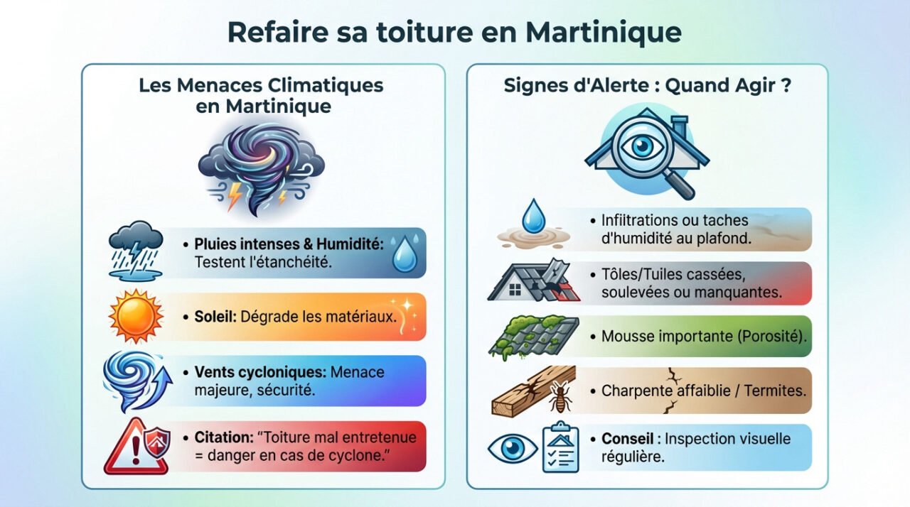 Toiture endommagée par le climat tropical en Martinique nécessitant une rénovation urgente
