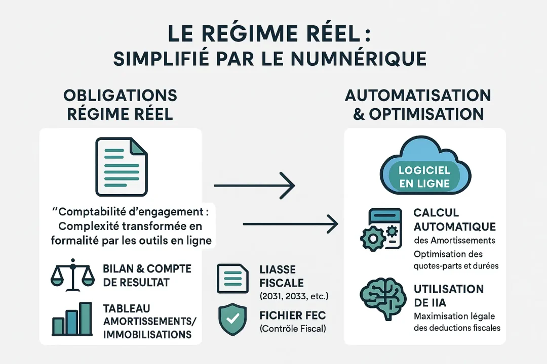 Schéma comparatif des obligations comptables LMNP entre régime réel et simplification numérique
