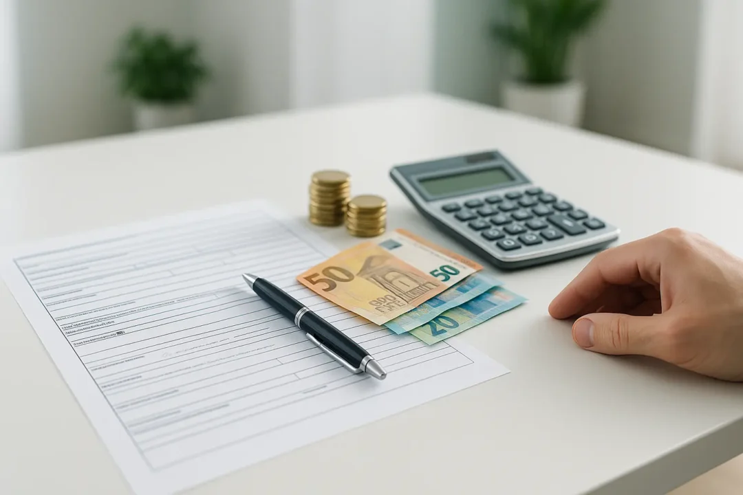 La main d'une personne repose sur un bureau où se trouvent un formulaire, un stylo, des billets de banque en euros, des pièces de monnaie et une calculatrice.