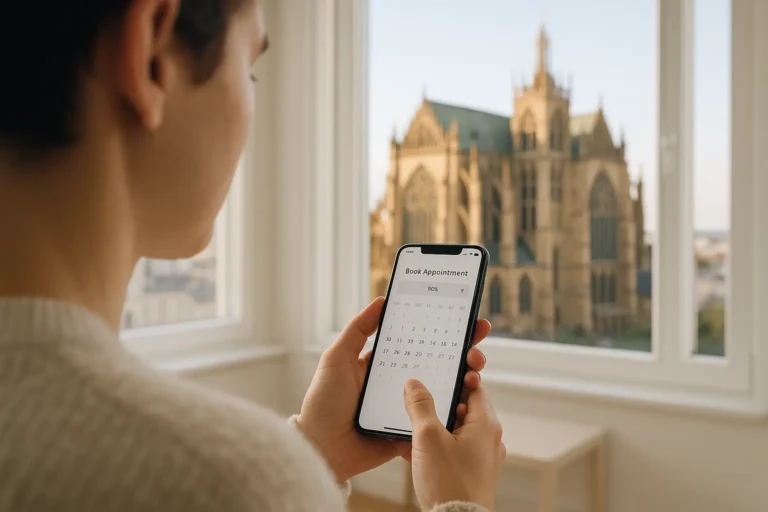 Une personne tient un smartphone et affiche une application de calendrier avec le texte "Book Appointment" près d'une fenêtre donnant sur un grand bâtiment historique.