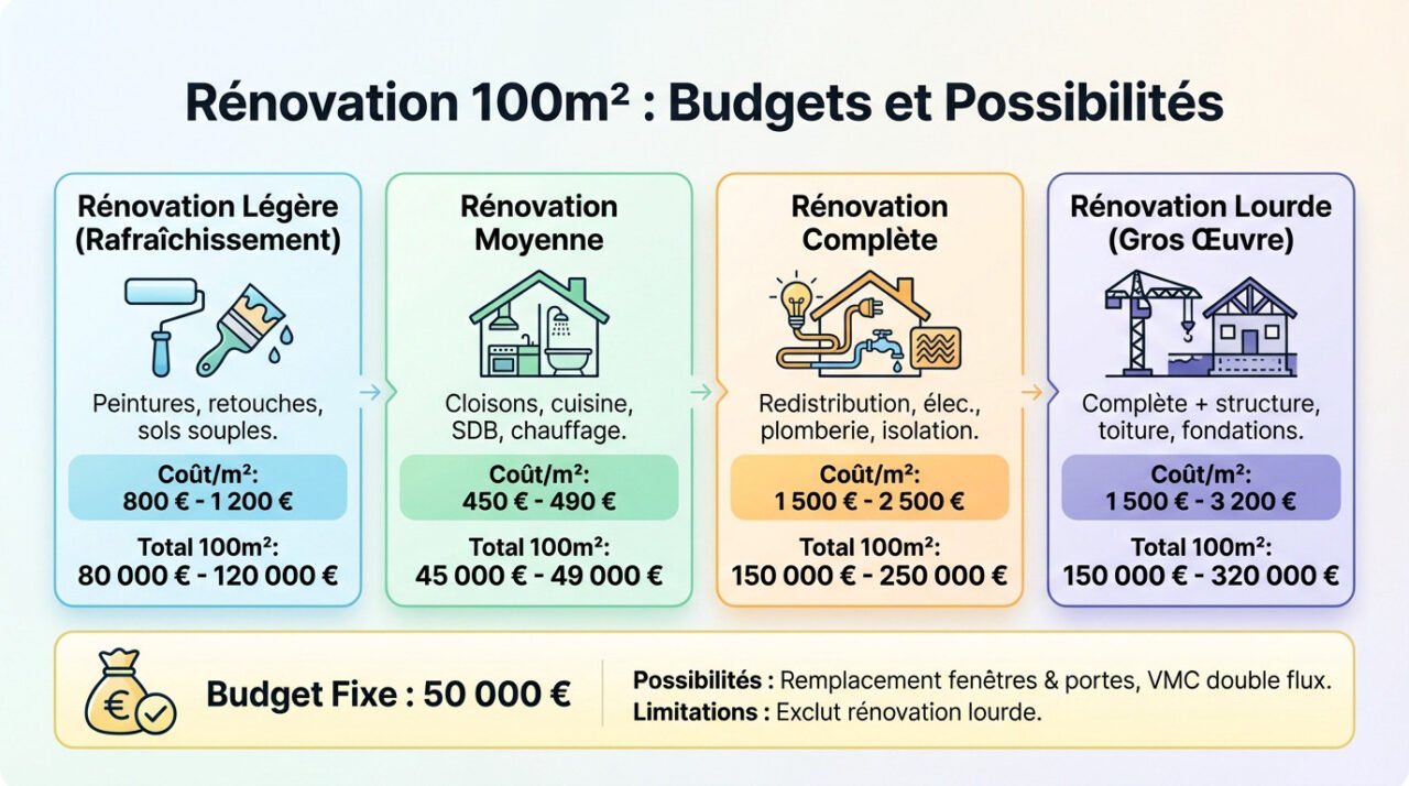 Graphique montrant les différents budgets de rénovation pour une maison de 100m2 selon l'ampleur des travaux