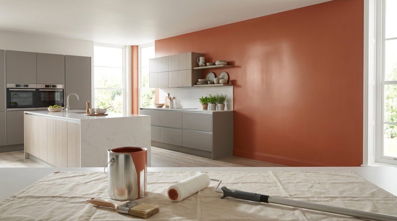 Pot de peinture orange, rouleau et pinceau sur une bâche, devant une cuisine moderne aux murs peints en orange terreux.