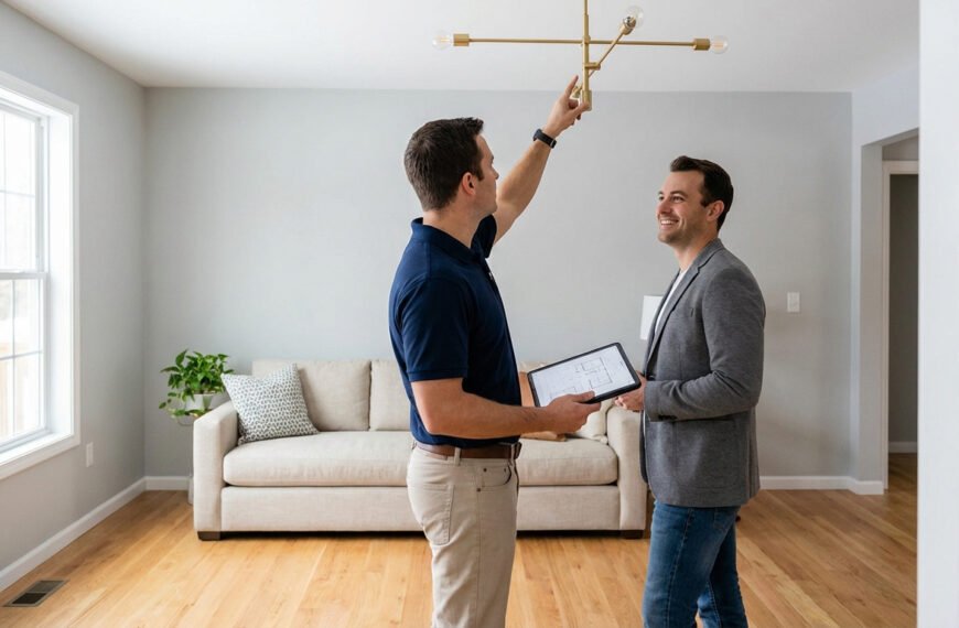 Un expert pointe un luminaire moderne au plafond, expliquant les plans sur une tablette à un client souriant dans un salon rénové.