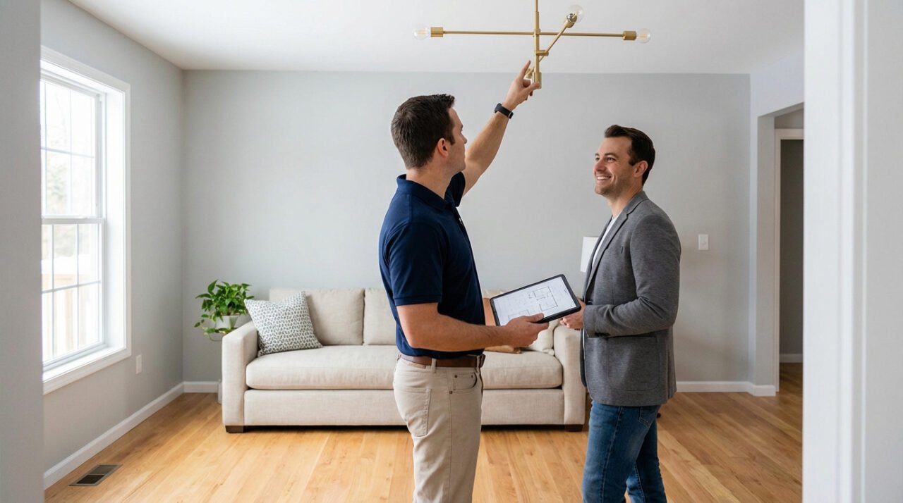 Un expert pointe un luminaire moderne au plafond, expliquant les plans sur une tablette à un client souriant dans un salon rénové.