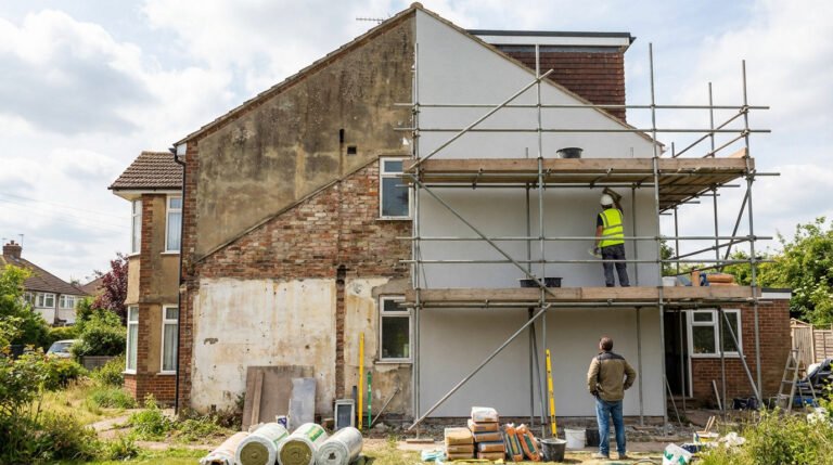 Pignon de maison en cours de rénovation. Un ouvrier sur échafaudage applique un nouvel enduit blanc sur une façade. Matériaux au sol.