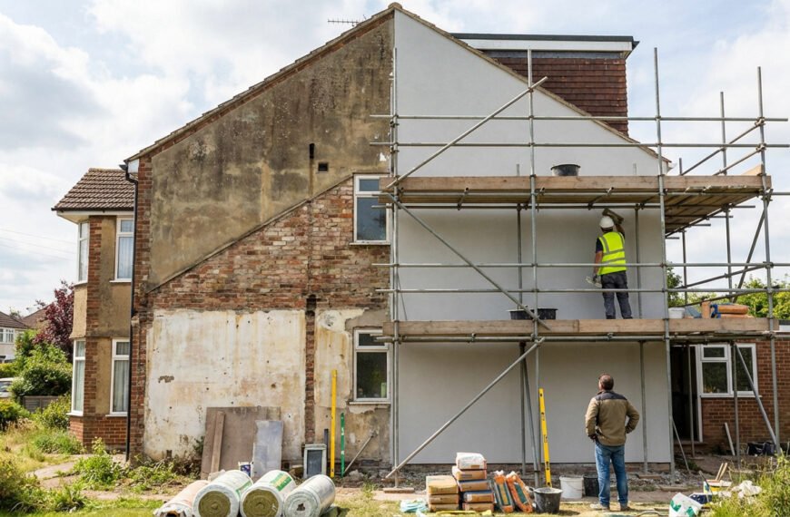 Pignon de maison en cours de rénovation. Un ouvrier sur échafaudage applique un nouvel enduit blanc sur une façade. Matériaux au sol.