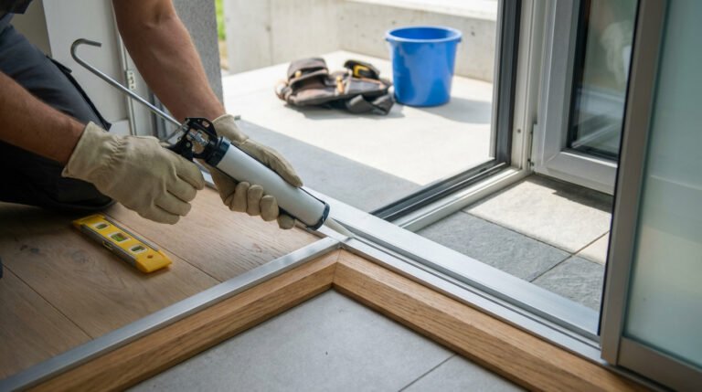 Personne gantée appliquant du mastic d'étanchéité sur le seuil d'une porte coulissante. Un niveau est au sol.