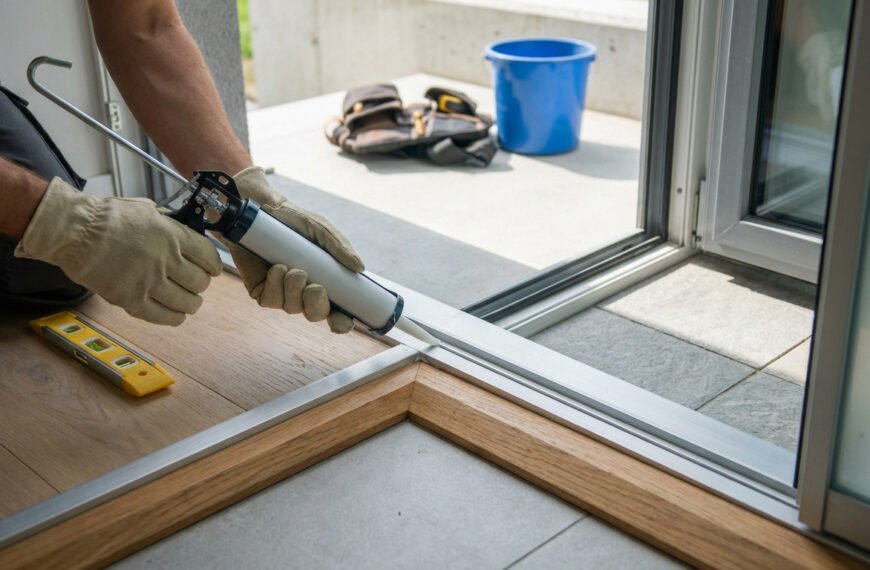 Personne gantée appliquant du mastic d'étanchéité sur le seuil d'une porte coulissante. Un niveau est au sol.