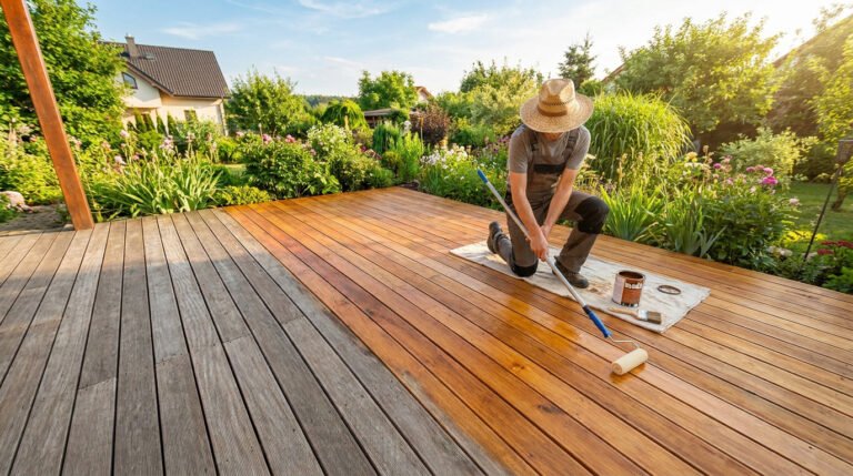 Un artisan porte un chapeau de paille et applique de la lasure sur une terrasse en bois dans un jardin ensoleillé.