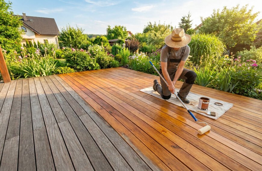 Un artisan porte un chapeau de paille et applique de la lasure sur une terrasse en bois dans un jardin ensoleillé.