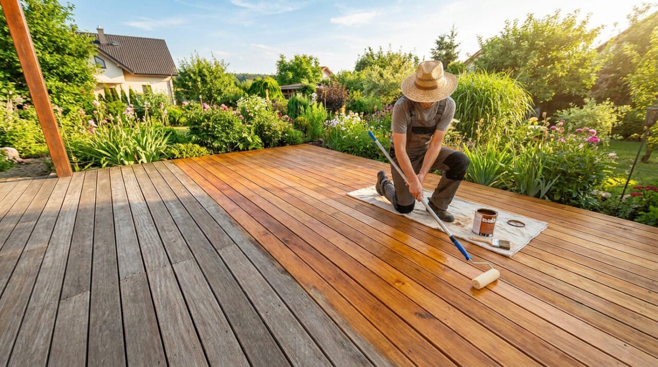 Un artisan porte un chapeau de paille et applique de la lasure sur une terrasse en bois dans un jardin ensoleillé.
