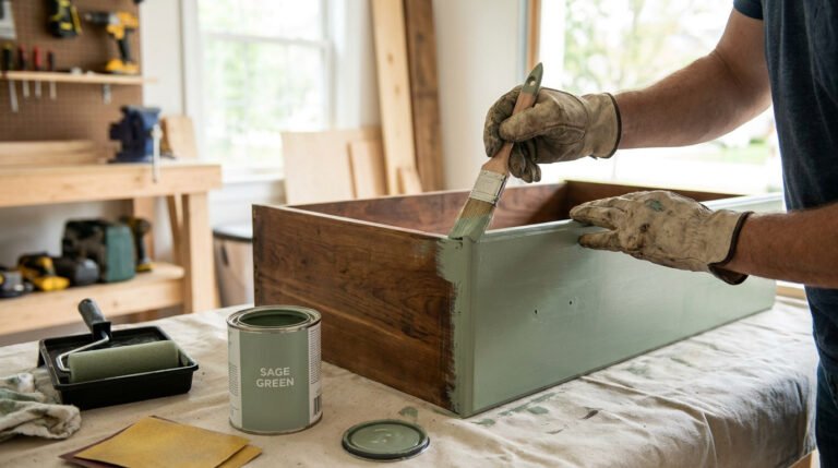 Une personne porte des gants et peint un tiroir en bois avec de la peinture vert sauge dans un atelier.