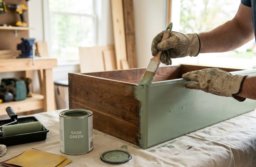 Une personne porte des gants et peint un tiroir en bois avec de la peinture vert sauge dans un atelier.