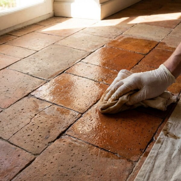 Main gantée appliquant de l'huile de lin sur des tomettes anciennes pour les rénover. Une partie du sol brille déjà.
