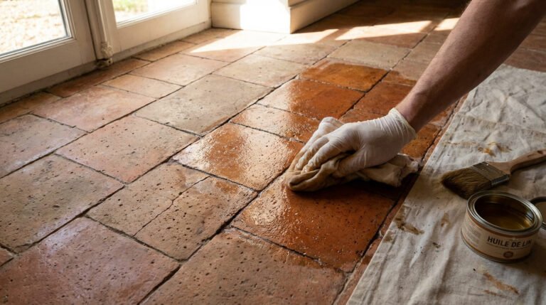 Main gantée appliquant de l'huile de lin sur des tomettes anciennes pour les rénover. Une partie du sol brille déjà.