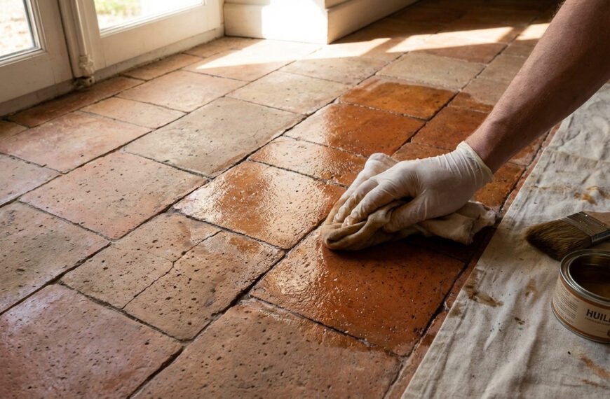 Main gantée appliquant de l'huile de lin sur des tomettes anciennes pour les rénover. Une partie du sol brille déjà.