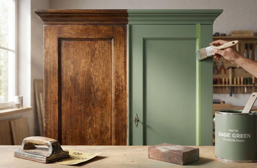 Armoire ancienne à moitié restaurée : bois d'origine à gauche, vert sauge à droite, une main peint. Matériel de ponçage et pot de peinture.