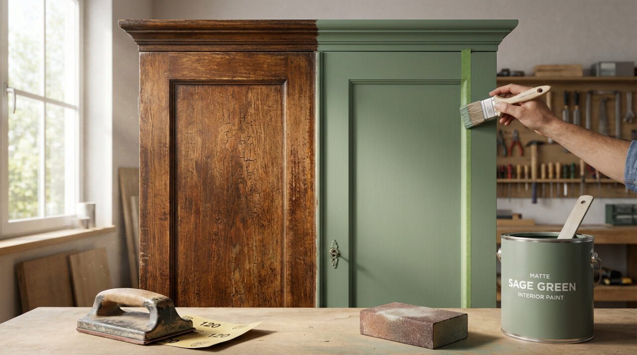 Armoire ancienne à moitié restaurée : bois d'origine à gauche, vert sauge à droite, une main peint. Matériel de ponçage et pot de peinture.