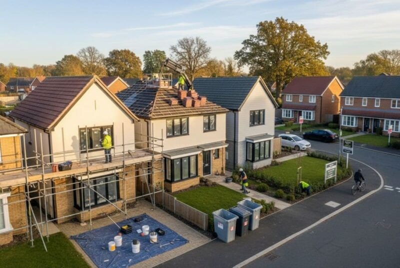 Des ouvriers du bâtiment réparent le toit d'une maison à deux étages dans un quartier résidentiel. Des échafaudages sont installés et des matériaux sont posés au sol. D'autres ouvriers s'occupent de l'aménagement paysager à proximité.