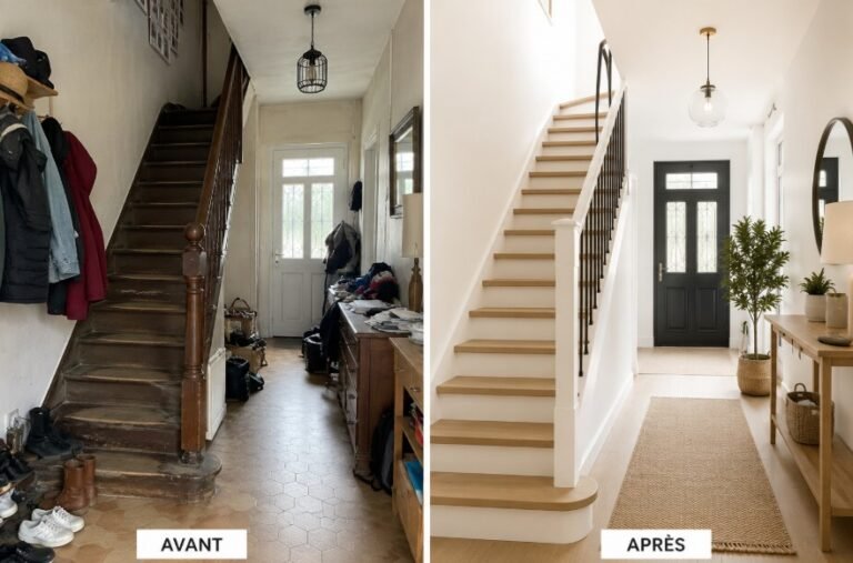 Comparaison côte à côte d'un couloir avant rénovation, sombre et encombré, et après rénovation, lumineux, épuré et modernisé, avec un escalier et une décoration remis au goût du jour.