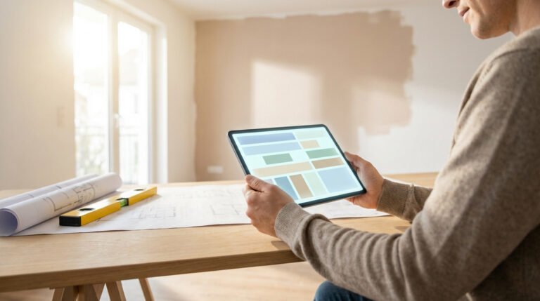 Un homme consulte une tablette pour sa rénovation. Des plans architecturaux et un niveau à bulle sont sur la table.