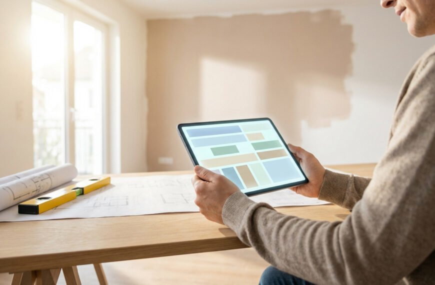 Un homme consulte une tablette pour sa rénovation. Des plans architecturaux et un niveau à bulle sont sur la table.