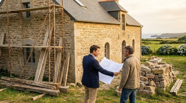 Deux hommes se tiennent à l'extérieur d'une maison en pierre en cours de rénovation et examinent des plans ; des échafaudages et des matériaux de construction sont visibles à proximité.