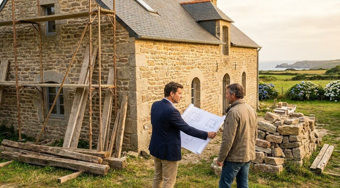 Deux hommes se tiennent à l'extérieur d'une maison en pierre en cours de rénovation et examinent des plans ; des échafaudages et des matériaux de construction sont visibles à proximité.