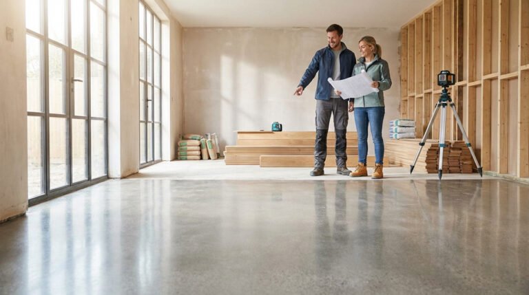 Couple souriant examinant des plans dans une grande pièce en rénovation avec plancher béton. Matériaux et niveau laser au sol.