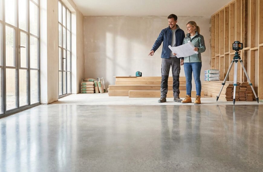 Couple souriant examinant des plans dans une grande pièce en rénovation avec plancher béton. Matériaux et niveau laser au sol.