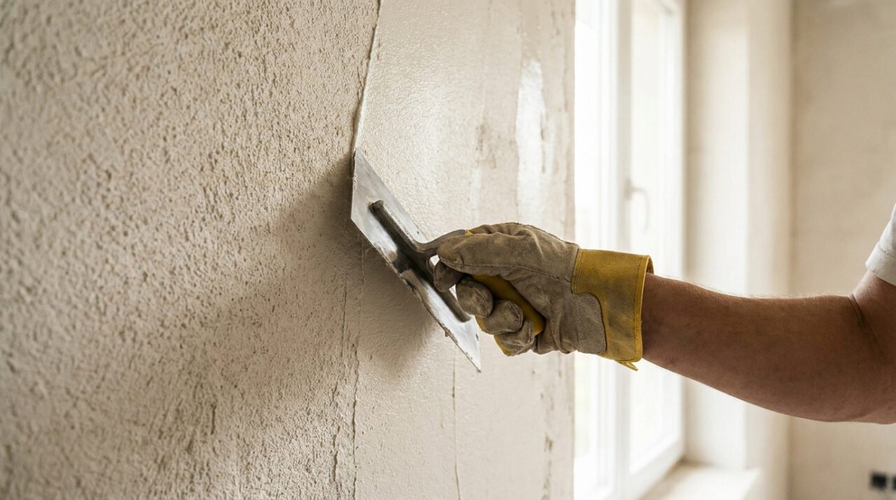 Une main gantée utilisant une lisseuse pour appliquer de l'enduit sur un mur en crépi rugueux.