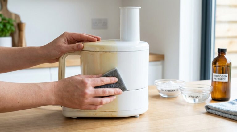 Des mains nettoyant un robot culinaire jauni avec une éponge. Une partie est déjà blanche, l'autre jaune. Bicarbonate, vinaigre et peroxyde sont visibles.