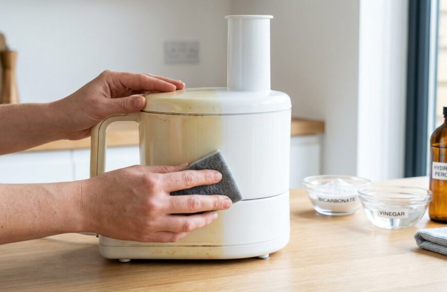 Des mains nettoyant un robot culinaire jauni avec une éponge. Une partie est déjà blanche, l'autre jaune. Bicarbonate, vinaigre et peroxyde sont visibles.