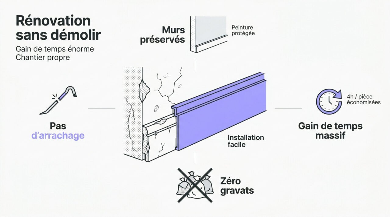 Pose d'une surplinthe de rénovation blanche pour masquer une ancienne plinthe sans travaux de démolition