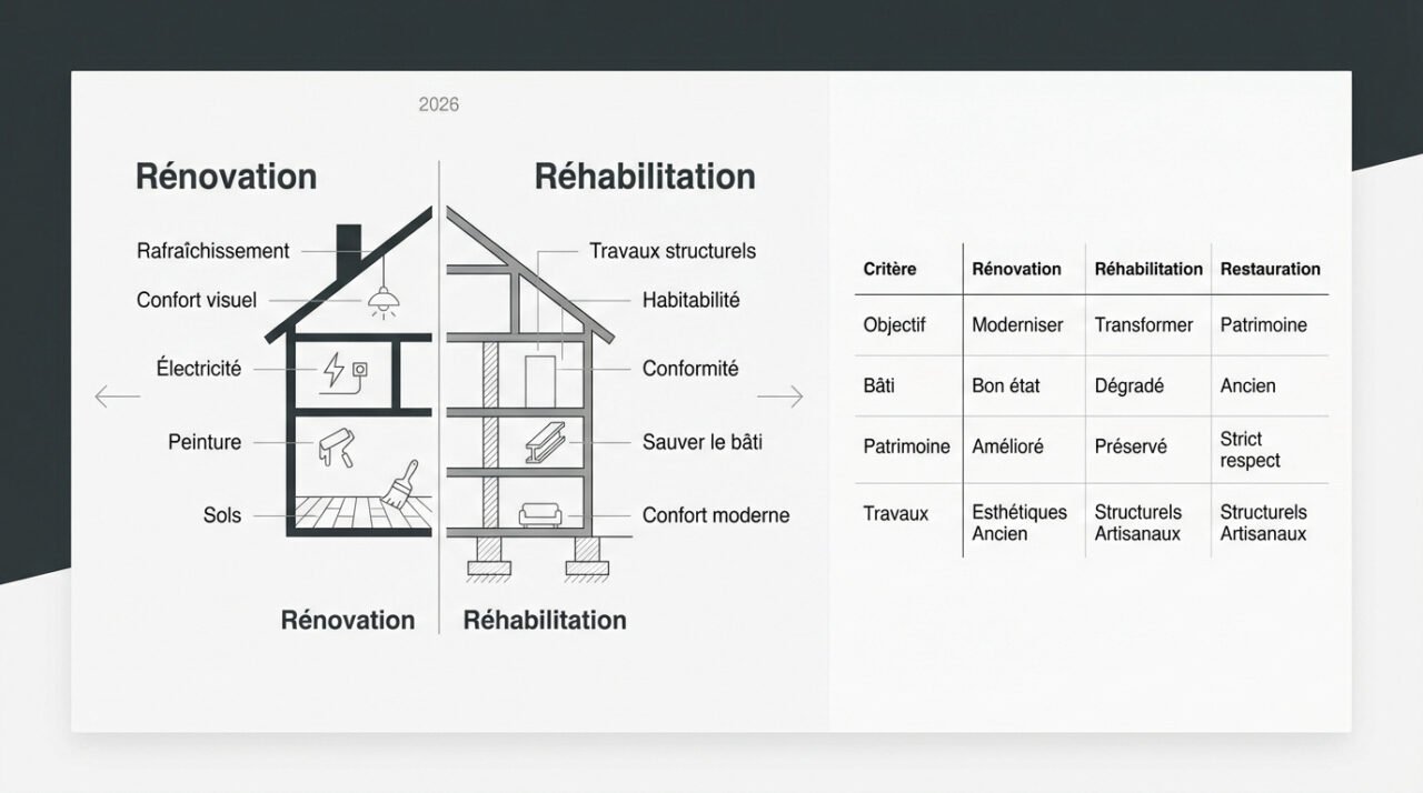 Comparaison visuelle entre les travaux de rénovation légère et de réhabilitation structurelle d'un bâtiment