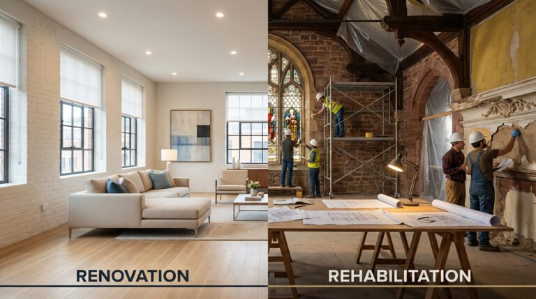 Image comparant rénovation (salon moderne) et réhabilitation (chantier historique avec verrière, ouvriers, plans).