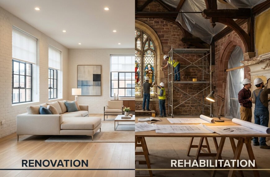 Image comparant rénovation (salon moderne) et réhabilitation (chantier historique avec verrière, ouvriers, plans).