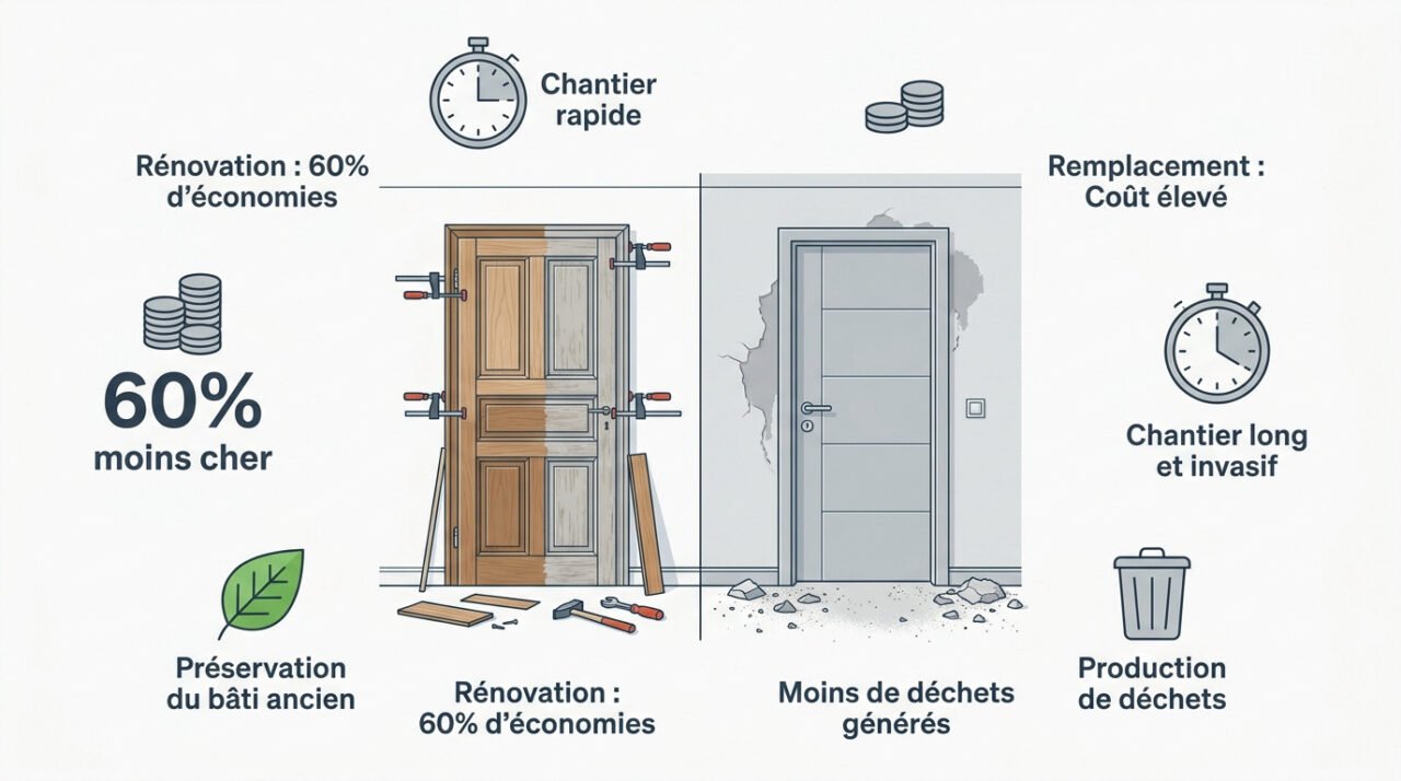 Comparaison entre la rénovation d'une porte ancienne et la pose d'un bloc-porte neuf