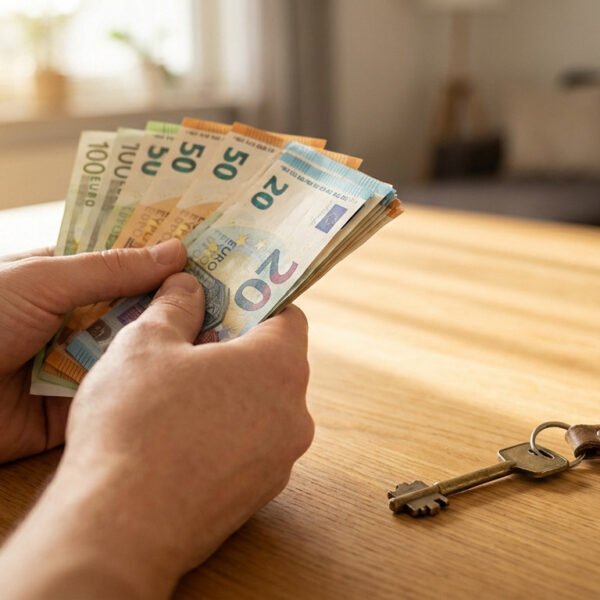Hands holding fanned Euro banknotes next to an old house key on a wooden table. Warm natural light illuminates the scene, symbolizing a returned deposit.