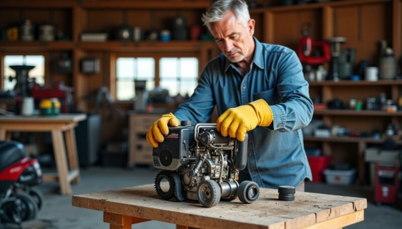 Un homme portant des gants jaunes répare un petit moteur sur un établi en bois dans un atelier rempli d'outils et d'équipements.