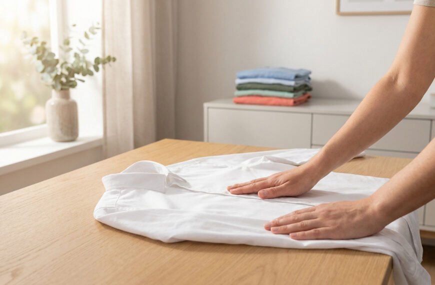 Personne pliant une chemise blanche sur table en bois, avec fenêtre ensoleillée et pile de linge repassé en fond.