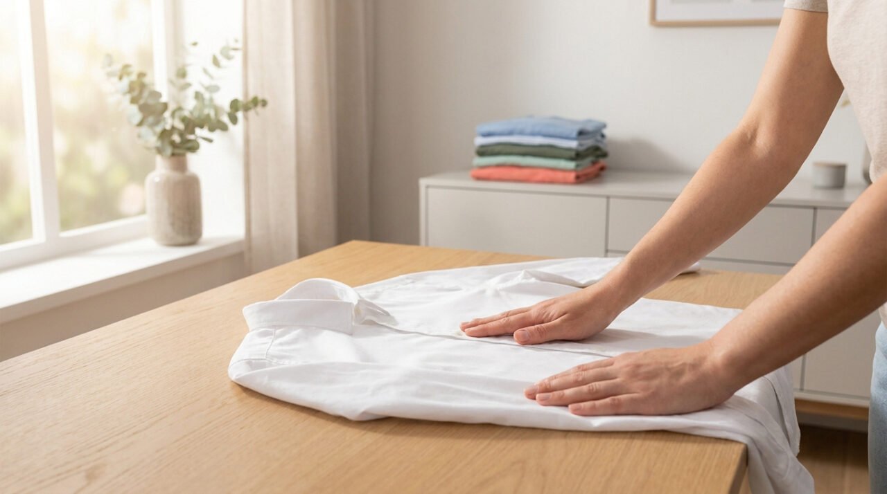 Personne pliant une chemise blanche sur table en bois, avec fenêtre ensoleillée et pile de linge repassé en fond.