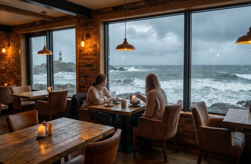Intérieur de restaurant douillet avec deux personnes regardant une mer houleuse et un phare à travers une fenêtre pluvieuse.