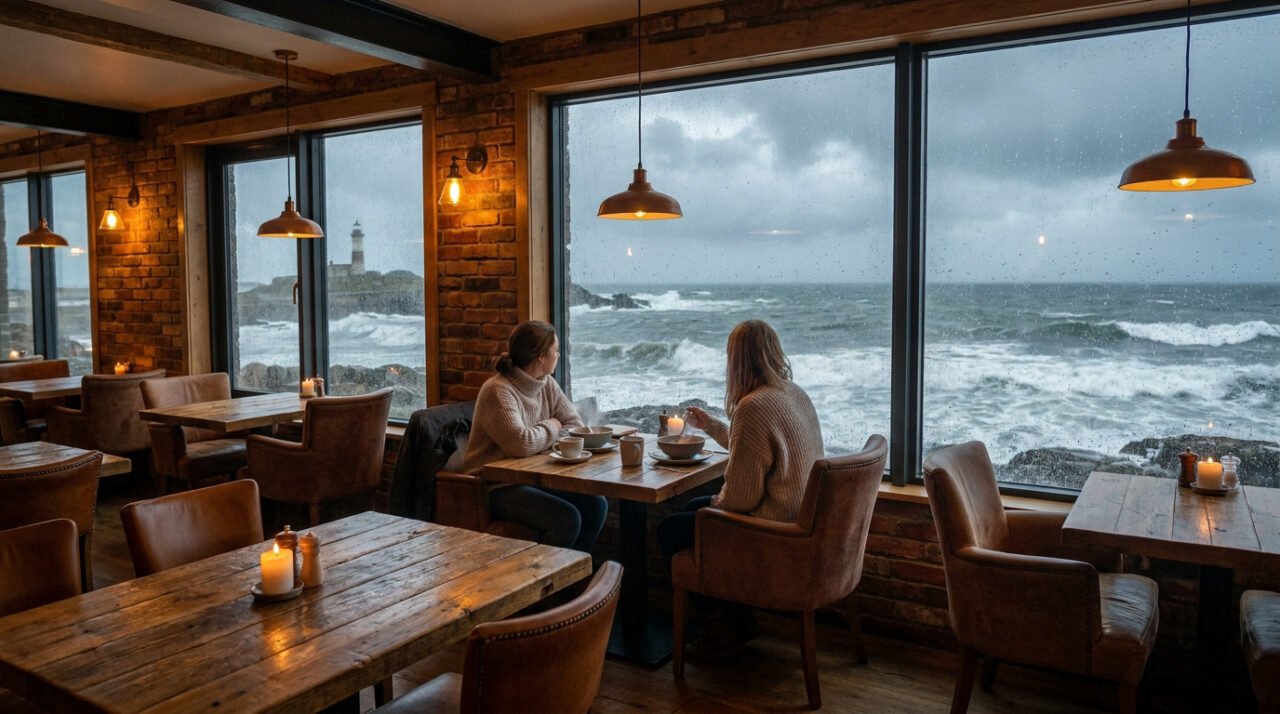 Intérieur de restaurant douillet avec deux personnes regardant une mer houleuse et un phare à travers une fenêtre pluvieuse.