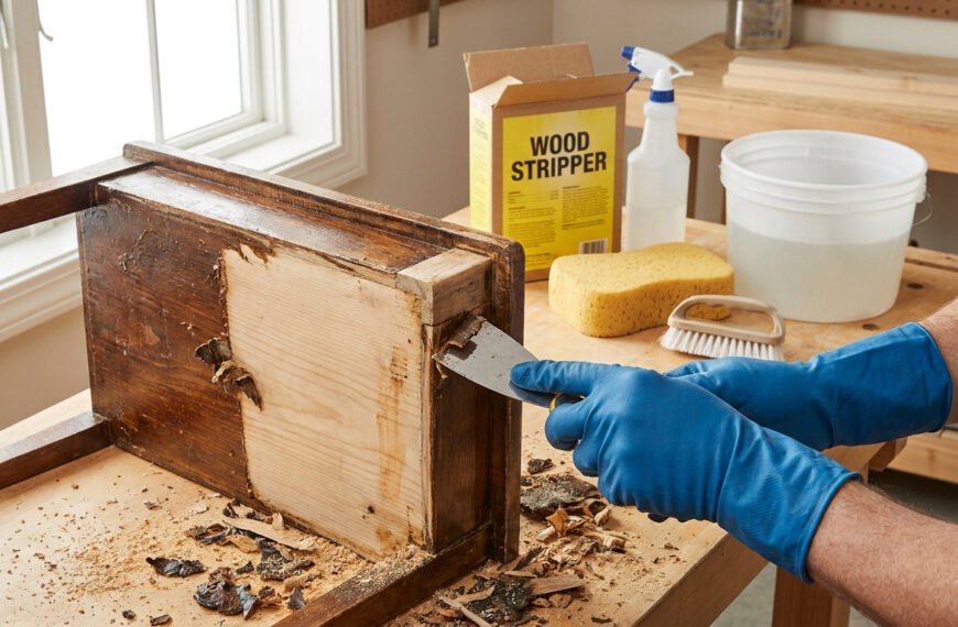 Personne décapant un meuble en bois. Le vernis est retiré avec un grattoir, révélant le bois clair. Produits de décapage en arrière-plan.